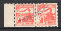 HONDURAS - 1898 - PERMITASE OVERPRINTS: 50c orange red 'Train' issue, a mint marginal pair with complete strike of 'PERMITASE' control mark in purple across the two stamps. Creased but very scarce. (SG 114)  (HON/28552)