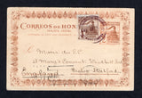 HONDURAS - 1900 - POSTAL STATIONERY & TRAIN ISSUE: 2c orange on buff 'Train' postal stationery envelope (H&G 29) used with added 1898 1c brown 'Train' issue (SG 108) tied by PUERTO CORTEZ cds dated JAN 17 1900. Addressed to UK with NEW ORLEANS transit mark on front.  (HON30251)