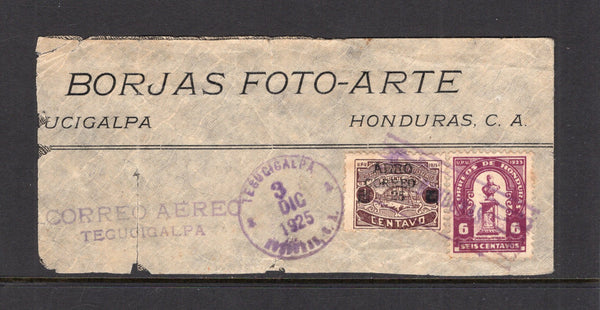 HONDURAS - 1925 - AIRMAIL FORGERY: 25c on 1c chocolate 'Ulua Bridge' issue with 'AERO CORREO' overprint in black FORGERY tied with 1924 6c purple on large piece from a commercial envelope with 'BORJAS FOTO-ARTE TEGUCIGALPA' company imprint at top and 'CORREO AEREO TEGUCIGALPA' handstamp in purple. The stamps are tied by 'HONDURAS' lines cancel with TEGUCIGALPA cds dated 3 DIC 1925 alongside. An interesting item. (SG 235 & 217)  (HON/41997)