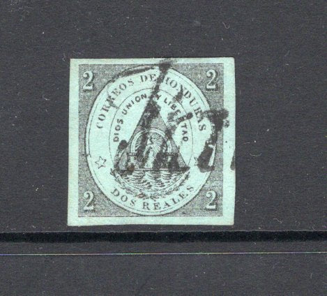 HONDURAS - 1866 - CLASSIC ISSUES & CANCELLATION: 2r black on green, a fine used copy with part strike of italic 'FRANQUEADO' marking in black. A very scarce genuine used example. A small reference piece accompanies. (SG 1)  (HON/42069)