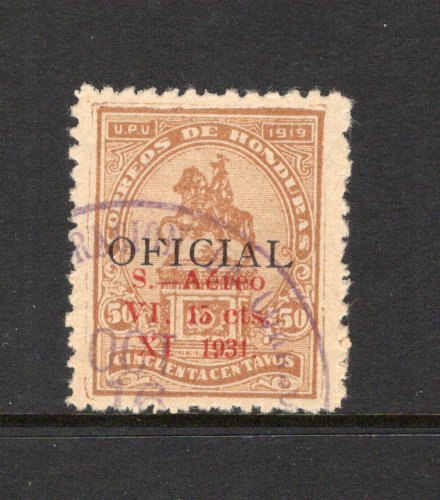 HONDURAS - 1931 - AIRMAIL ISSUE: 15c on 50c orange brown AIR surcharge issue a fine cds used copy. Uncommon in used condition. (SG 348, Sanabria #92)  (HON/42085)