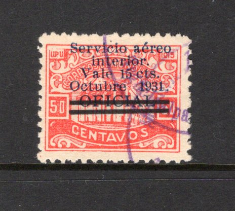 HONDURAS - 1931 - AIRMAIL ISSUES: 15c on 50c vermilion 'Interior' AIR surcharge issue on official stamp with 'OFICIAL' obliterated by bars, a fine cds used copy. (SG 343, Sanabria #88)  (HON/42086)