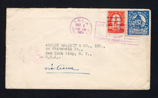 HONDURAS - 1929 - AIRMAIL: Cover with manuscript 'Via Aerea' franked with 1927 6c blue (SG 252) and 1929 25c on 50c vermilion 'Tela - Miami' Flight issue (SG 261, Sanabria #21, issued for the First Flight of the 21st September) tied by TELA USE EL CORREO AEREO 'Airplane' cancel dated OCT 8 1929. Sent airmail to USA. A very scarce issue genuinely used on commercial cover.  (HON/42111)