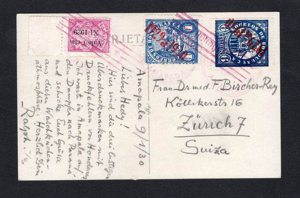 HONDURAS - 1930 - PROVISIONAL ISSUE & ISLAND MAIL: Black & white real photographic PPC 'Parque Morazan, Amapala Hond.' franked on message side with 1929 1c on 6c magenta and 1929 1c pale ultramarine and 6c deep blue with '1929a1930' Robbery overprints (SG 267, 268 & 273) all tied by 'lines' cancels and by three strikes of AMAPALA cds dated JAN 1930. Addressed to SWITZERLAND.  (HON/42112)