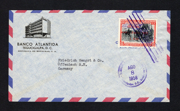 HONDURAS - 1958 - SIGNATURE CONTROLS: Printed and illustrated 'Banco Atlantida Tegucigalpa' airmail cover franked with 1953 50c on 8c black & scarlet (SG 518) with complete small 'R Estrada S' SIGNATURE CONTROL marking of 'Francisco Morazan' province tied by 'Lines' cancel with TEGUCIGALPA cds alongside dated AGO 8 1958. Addressed to GERMANY.  (HON/42114)