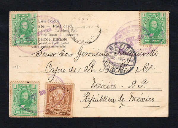 HONDURAS - 1905 - HONDURAS USED IN NICARAGUA, COMBINATION MAIL & MARITIME: Black & white PPC with three view of 'Amapala' datelined on picture side 'A bordo del Vapor Nauplia - Corinto, Nicaragua (the Nauplia was a HAPAG vessel). Franked on message side with 3 x 1903 1c emerald 'Guardiola' issue (SG 118) and Nicaragua 1905 10c brown ochre 'Arms' issue (SG 212) all tied by oval CORINTO cancels dated OCT 29 1905. Addressed to MEXICO with transit & arrival marks on front. A fine & unusual combination item.  (