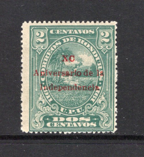 HONDURAS - 1912 - COMMEMORATIVE ISSUE: 2c green 'Hass' issue with 'XC ANIVERSARIO DE LA INDEPENDENCIA' overprint in red, a fine mint copy. (SG 157)  (HON43581)