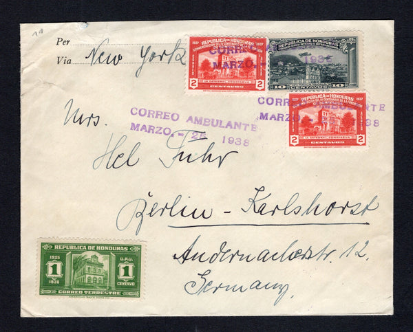 HONDURAS - 1938 - TRAVELLING POST OFFICES: Cover franked with 1935 1c green (uncancelled) and 10c grey plus 2 x 1937 2c scarlet (SG 365, 370 & 381) tied by three strikes of straight line CORREO AMBULANTE MARZO. - 25 1938 marking in purple. Addressed to GERMANY with TELA ATLANTIDA transit cds on reverse. Part of backflap missing.  (HON43647)