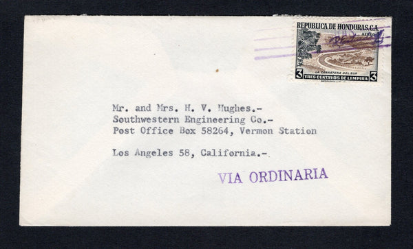 HONDURAS - 1957 - SIGNATURE CONTROLS: Circa 1957 cover franked with 1956 3c sepia & black with complete small 'R Estrada S' SIGNATURE CONTROL marking of 'Francisco Morazan' province (SG 553) tied by 'Lines' cancel with straight line 'VIA ORDINARIA' marking alongside. Most likely sent from TEGUCIGALPA and addressed to USA. A scarce control mark on cover.  (HON44157)