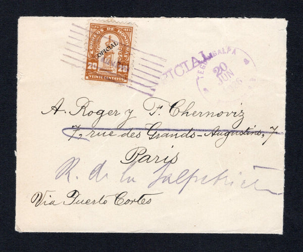 HONDURAS - 1926 - OFFICIAL MAIL: Cover with circular 'Ministerio de Hacienda y Credito Publico' ARMS handstamp in purple on reverse franked with 1924 20c yellow brown 'Herrera Bust' issue with 'OFICIAL' overprint in black (SG O226) tied by 'Lines' cancel with TEGUCIGALPA cds dated 20 JUN 1926 and straight line 'OFICIAL' marking both in purple. Addressed to FRANCE with arrival cds on reverse. An uncommon issue used on cover.  (HON44347)