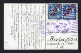 HONDURAS - 1930 - TRAVELLING POST OFFICES: Black & white real photographic PPC 'A Typical scene on the "Salado" river, La Ceiba' franked on message side with pair 1929 6c blue '1929a1930' Robbery overprint issue (SG 273) tied by two strikes of AMBULANTE POSTAL LINEA ESTE LA CEIBA, HONDURAS 'Arrow' cds dated AUG 9 1930. Addressed to GERMANY with LA CEIBA transit cds on front. Very scarce.  (HON45431)