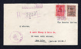 HONDURAS - 1923 - PROVISIONAL ISSUES & REGISTRATION: Cover franked with 1922 6c on 2c carmine and 1923 10c on 1c brown (SG 211 & 212) tied by 'Lines' cancel with CERTIFICADOS TEGUGIGALPA cds alongside and boxed registration marking all in purple. Addressed to USA with transit and arrival marks on reverse.  (HON9847)