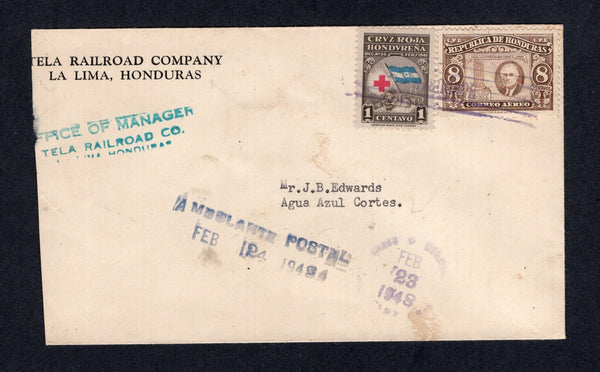 HONDURAS - 1948 - TRAVELLING POST OFFICES: Headed 'Tela Railroad Company La Lima' cover with 'Office of the Manager Tela Railroad Co. La Lima Honduras' origination handstamp in blue franked with 1946 8c sepia & 1945 1c TAX issue (SG 465 & 456) tied by 'Lines' cancel with feint LA LIMA cds alongside and good strike of two line 'AMBULANTE POSTAL FEB 24 1948' marking. Addressed to AGUA AZUL, CORTES with POTRERILLOS transit cds on reverse.  (HON/9906)