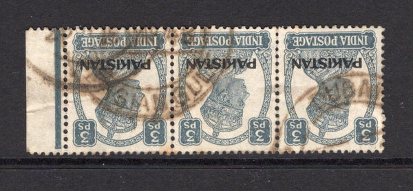 INDIA - 1948 - PAKISTAN USED IN DUBAI: 3p slate GVI issue of Pakistan with 'Nasik' PAKISTAN overprint in black, a strip of three used with DUBAI PERSIAN GULF cds dated 15 NOV 1948. Rare item, the period of use for the Pakistan overprints only lasted from August 1947 to March 1948. (SG 1)  (IND11727)