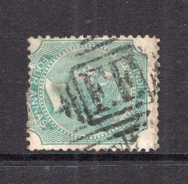 INDIA - 1868 - INDIA USED IN ETHIOPIA: 4a green QV issue of India used with fine complete strike of barred diamond 'F.F.' of the Indian Field Force in ABYSSINIA. Small faults but rare. (SG 69)  (IND12047)