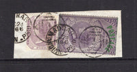 INDIA - 1866 - PROVISIONAL ISSUE: 6a purple 'Revenue' with POSTAGE overprint in green used on piece with 1860 8p purple on white both tied by small MADRAS INDIAN PAID duplex cds's dated 1866. (SG 52 & 66)  (IND/12620)