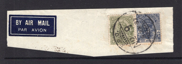 INDIA - 1937 - CANCELLATION & MILITARY: 3a 6p ultramarine and 4a sage green GV issue tied on airmail piece by good strike of Indian 'F.P.O. No. 9' cds dated 8 JUN 1937 located at GHARIOM CAMP in WAZIRISTAN on the border of AFGHANISTAN. The piece predates Proud by 2 months. Very scarce. (SG 238 & 211)  (IND12672)