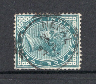 INDIA - 1901 - INDIA USED IN NEPAL: ½a blue green QV issue of India used with superb central strike of NEPAL squared circle cds dated 20 JUL 1887. (SG 85)  (IND18851)