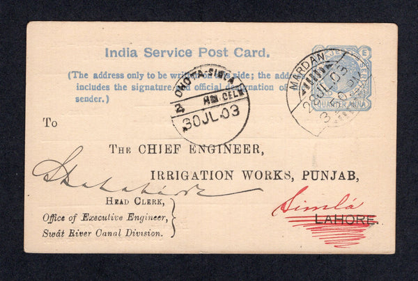 INDIA - 1903 - POSTAL STATIONERY & CANCELLATION: ¼a ultramarine on white 'Official' postal stationery card (H&G D7) with printed Canal discharge form on reverse used with MARDAN cds. Addressed to the 'Chief Engineer' at SIMLA with DHOTA-SIMLA arrival cds on front.  (IND20142)