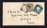 INDIA - 1889 - POSTAL STATIONERY & CANCELLATION: ½a green on white QV postal stationery envelope (H&G B4) used with added 1882 4a olive green QV issue (SG 95) tied by two fine strikes of DULLABCHERRA squared circle cds. Addressed to UK with CALCUTTA transit cds on reverse.  (IND20174)