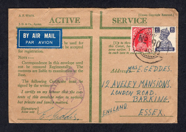 INDIA - 1942 - MILITARY MAIL: Printed green on buff 'ACTIVE SERVICE' envelope franked with 1937 1a carmine and 1940 8a slate violet GVI issue (SG 250 & 275) tied by 'F.P.O. No. 90' cds dated 2 JUL 1942 located the Fiat Car Showrooms in ASMARA, ERITREA. Sent airmail to UK with airmail label and crowned 'PASSED BY CENSOR NO. 2177 marking in violet on front.  (IND/20185)