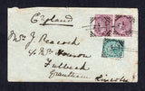 INDIA - 1894 - CANCELLATION: Cover franked with 1882 ½a blue green and pair 1a plum QV issue (SG 85 & 89) tied by three strikes of TINSUKIA squared circle cds. Addressed to UK with CALCUTTA transit and UK arrival cds's on reverse.  (IND20233)