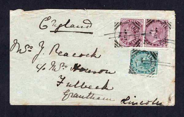 INDIA - 1894 - CANCELLATION: Cover franked with 1882 ½a blue green and pair 1a plum QV issue (SG 85 & 89) tied by three strikes of TINSUKIA squared circle cds. Addressed to UK with CALCUTTA transit and UK arrival cds's on reverse.  (IND20233)