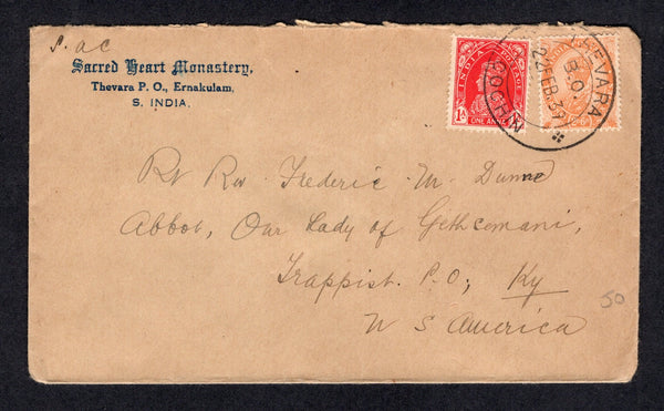 INDIA - 1939 - CANCELLATION: Cover franked with 1926 2a 6p orange GV issue and 1937 1a carmine GVI issue (SG 207 & 250) tied by fine THEVARA COCHIN cds. Addressed to USA.  (IND20258)