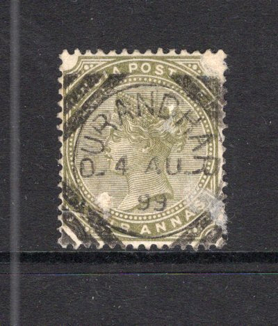 INDIA - 1882 - CANCELLATION: 4a olive green QV issue used with fine strike of PURANDHAR squared circle cds dated 4 AUG 1899. (SG 95)  (IND24450)