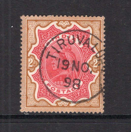 INDIA - 1895 - CANCELLATION: 2r carmine & yellow brown QV issue used with fine central strike of TIRUVALORE cds dated 19 NOV 1896. (SG 107)  (IND24461)