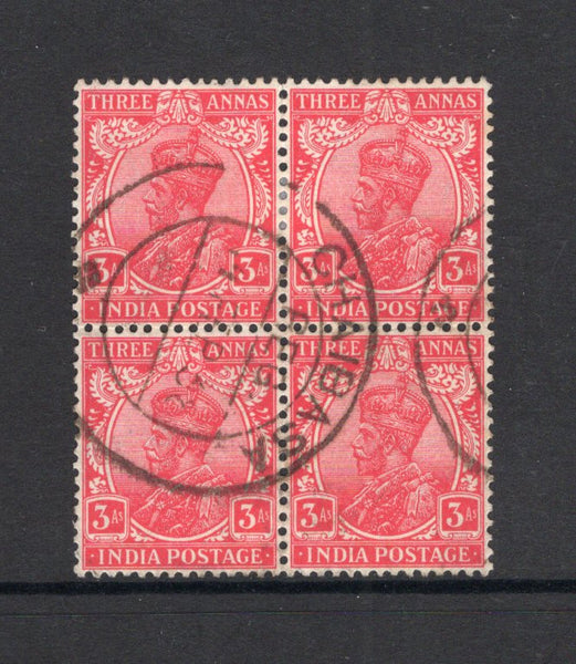 INDIA - 1932 - CANCELLATION: 3a carmine GV issue block of four used with fine strike of CHAIBASA REG cds dated 14 FEB 1938. (SG 237)  (IND/24472)