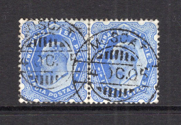 INDIA - 1905 - INDIA USED IN OMAN: 2a 6p ultramarine EVII issue of India, a pair used with two fine strikes of MUSCAT cds dated 4 OCT 1905. (SG 126)  (IND27600)