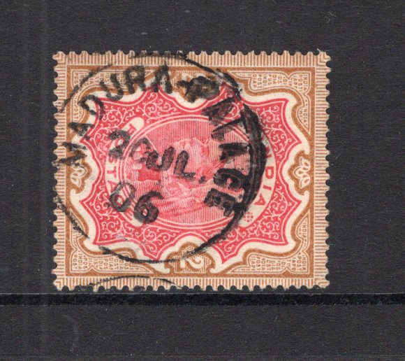 INDIA - 1895 - CANCELLATION: 2r carmine & yellow brown QV issue used with fine central strike of MADURA - PALACE cds dated 20 JUL 1906. (SG 107)  (IND33428)