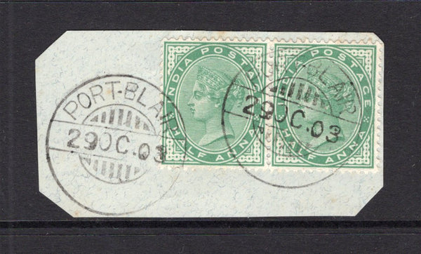 INDIA - 1903 - INDIA USED IN THE ANDAMAN ISLANDS: ½a yellow green QV issue, a superb pair tied on piece by two exceptional strikes of PORT BLAIR cds dated 29 OCT 1903. (SG 114)  (IND37047)