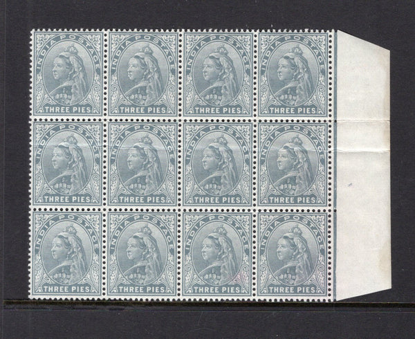 INDIA - 1900 - MULTIPLE: 3p grey QV issue, a fine mint marginal block of twelve. Light crease through one row of stamps. (SG 112)  (IND37590)