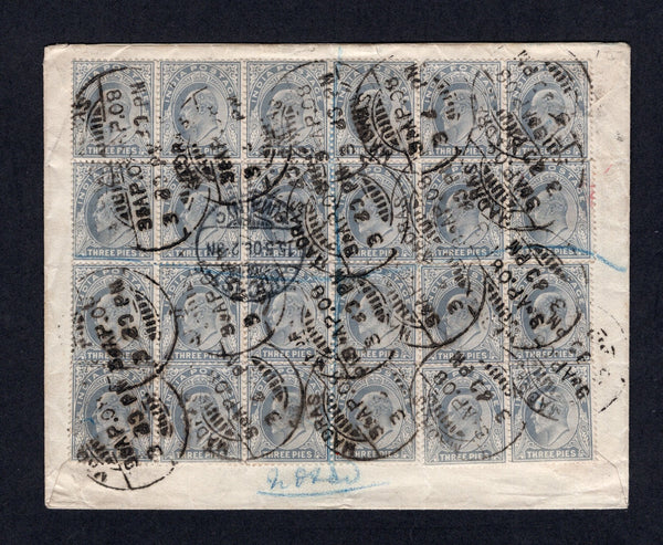 INDIA - 1908 - REGISTRATION & MULTIPLE FRANKING: Registered cover franked on reverse with 24 x 1902 3p grey EVII issue (SG 119) comprising various blocks & multiples all tied by multiple strikes of MADRAS cds dated 9 AP 1908 with boxed 'R MADRAS' registration handstamp on front. Addressed to GERMANY with arrival cds on reverse. A fine franking.  (IND/41999)