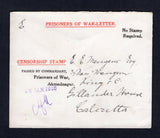 INDIA - 1916 - PRISONER OF WAR MAIL: Printed 'PRISONERS OF WAR-LETTER No Stamp Required' envelope with manuscript 'E. Gruielier, Camp B, Sect 2 Ba 5' return address on reverse with additional printed 'CENSORSHIP STAMP PASSED BY COMMANDANT Prisoners of War, Ahmednagar' on front with '25 JAN 1916' Signature handstamp to indicate the letter had been censored and AMEDNAGAR cds dated 15 JAN 1916 on reverse. Addressed to CALCUTTA with arrival cds on reverse.  (IND/42045)