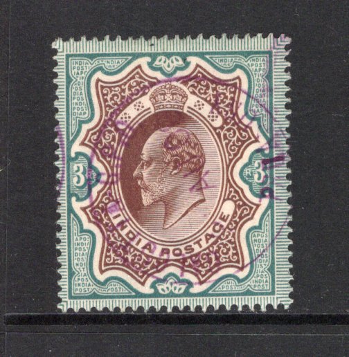 INDIA - 1902 - CANCELLATION: 3r brown & green EVII issue used fine good central strike of CALCUTTA G.P.O. TREASURY cds in purple dated AUG 1908. (SG 140)  (IND/43307)