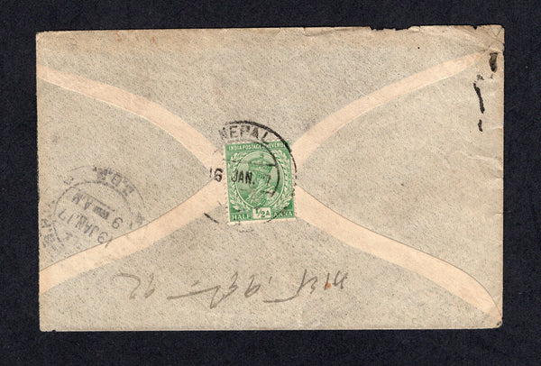 INDIA - 1917 - INDIA USED IN NEPAL: Cover franked on reverse with INDIA 1911 ½a light green 'GV issue' (SG 155) tied by good NEPAL cds. Addressed to CALCUTTA, INDIA with arrival cds also on reverse.  (IND689)