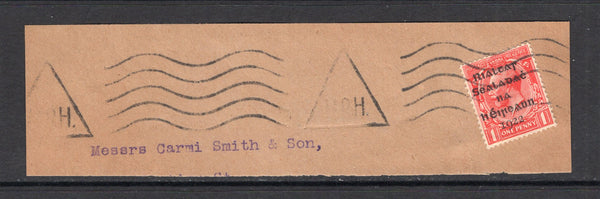 IRELAND - 1922 - PROVISIONAL ISSUE & CANCELLATION: 1d scarlet GV issue with 'Provisional Government of Ireland 1922' first DOLLARD overprint in black tied on long piece good strike of undated triangular 'MRH' & 'Wavy Lines' machine cancel. (SG 2)  (IRE/29528)