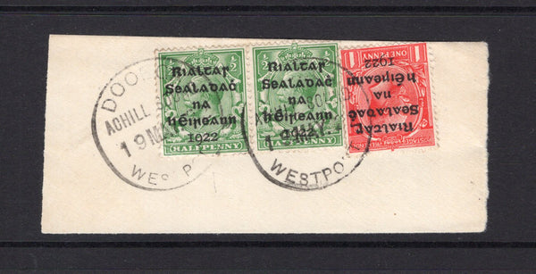 IRELAND - 1922 - PROVISIONAL ISSUE & CANCELLATION: ½d green pair and 1d scarlet GV issue with 'Provisional Government of Ireland 1922' first DOLLARD overprint in black tied on piece by two strikes of ACHILL SOUND DOOEGA WESTPORT cds dated 19 MAY 1922 located on the Island of ACHILL. (SG 1 & 2)  (IRE/30262)