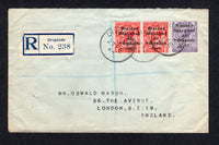 IRELAND - 1922 - PROVISIONAL ISSUE & REGISTRATION: Registered cover franked with 1922 pair 1d scarlet and single 3d bluish violet GV issue with 'Provisional Government of Ireland 1922' DOLLARD overprint in black (SG 2 & 5) tied by multiple strikes of DROGHEDA cds dated 27 FEB 1922 with printed blue on white 'Drogheda' registration label alongside. Addressed to UK with transit and arrival marks on reverse. A nice early cover just 10 days after the stamps were issued.  (IRE/32882)