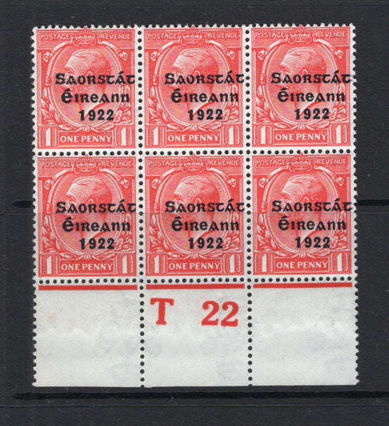 IRELAND - 1922 - PROVISIONAL ISSUE & MULTIPLE: 1d scarlet GV issue with 'Irish Free State 1922' THOM overprint in blue black. A fine mint marginal block of six with 'T 22' control number in margin. (SG 53)  (IRE/33101)
