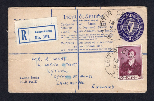 IRELAND - 1953 - POSTAL STATIONERY & REGISTRATION: 6½d deep violet 'Harp' postal stationery registered envelope (FAI #EU 4 F, H&G C17) used with added 1952 2½d reddish purple 'Death Centenary of Thomas Moore' issue (SG 152) tied by two strikes of LEITIR CEANAINN cds (Letterkenny) dated 13. 8. 1953 with printed blue on white 'Letterkenny' registration label alongside. Addressed to UK.  (IRE/34395)