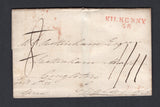 IRELAND - 1822 - PRESTAMP & MILEAGE MARK: Complete folded letter datelined 'Kilkenny February 11th '22' with fine strike of 'KILKENNY 58' mileage mark in red on front, rated '8d' in manuscript crossed through and re-rated '1/1'. Addressed to CONGLETON, ENGLAND with red arrival mark on reverse.  (IRE36867)