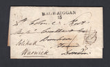 IRELAND - 1829 - PRESTAMP & MILEAGE MARK: Complete folded letter datelined 'Balbriggan 20th Jan 1829' with superb strike of 'BALBRIGGAN 15' mileage mark in black on front originally rated '1/3' which has been crossed through and re-rated '9d' with very feint strike of the red 'CROWN' INSPECTORS MARK alongside. Addressed to LONDON with transit & arrival marks on reverse.  (IRE/36885)