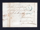 IRELAND - 1844 - PRESTAMP: Prepaid cover with large '2' handstamp in blue on front and BELFAST cds dated MAR 12 1844 on reverse. Addressed to 'The Secretary of the Military Department, East India House, London, England' with arrival mark on reverse. Filing crease at left.  (IRE36937)