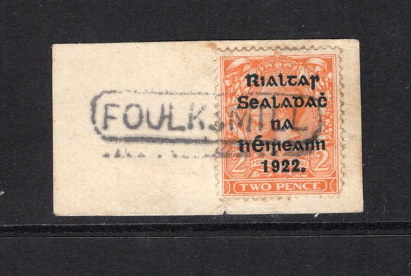IRELAND - 1922 - EMERGENCY CANCELLATION: 2d orange GV Issue, Die 2 with 'Provisional Government of Ireland 1922' first THOM overprint in black, a fine used example tied on piece by superb strike of framed 'FOULKSMILL' lozenge cancel in black used as an emergency cancel following Post Office raids. Very fine & rare. (SG 13)  (IRE44134)