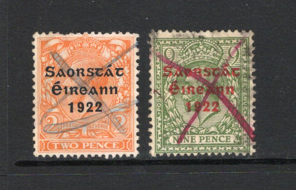 IRELAND - 1922 - EMERGENCY CANCELLATION: 2d orange and 9d olive green GV issue with 'Irish Free State 1922' THOM overprints, both used with manuscript 'X' cancels in black & red most likely as an emergency cancel following Post Office raids. (SG 55 & 61)  (IRE44135)