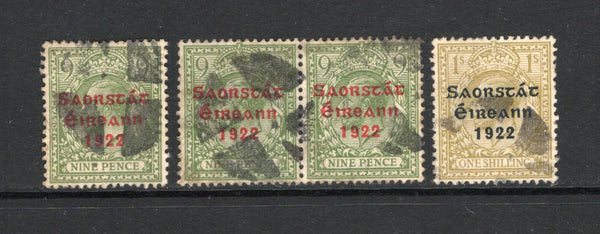 IRELAND - 1922 - EMERGENCY CANCELLATION: 9d olive green pair and single and 1/- bistre brown GV issue with 'Irish Free State 1922' THOM overprints, all used with dumb cork cancels in black, used as an emergency cancel following Post Office raids. Scarce. (SG 61 & 63)  (IRE44136)